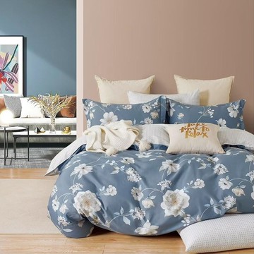 Pure One 100%純棉4件組 台灣製  被套 + 床單 + 枕套 2個  Queen Size  漫漫藤花 + 藍色