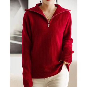 白領哥弟新2025秋冬新款紅色高領半拉鏈羊毛針織衫洋氣寬松毛衣女