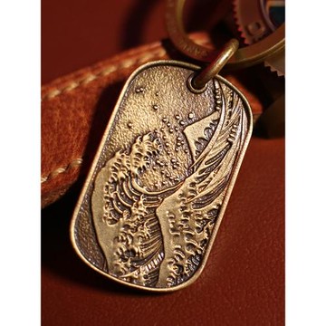 刻己黃銅鑰匙扣日式富士山復古風吊墜神奈川創意包包掛件汽車飾品