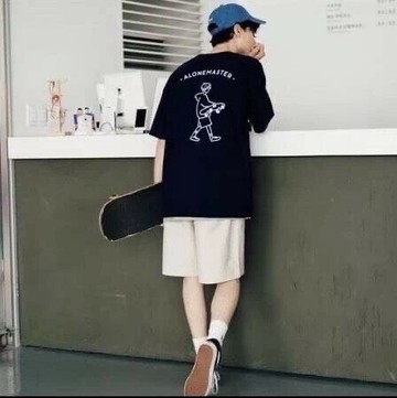 滑板-韓版-短T 短袖 寬鬆落肩   男女可 (深藍色)-L    Concept Design