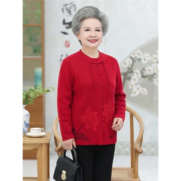 2025新款中老年羊絨衫女媽媽羊毛衣開衫奶奶外套老人紅色過年喜慶