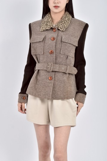 (M) laicarfore拼接拼布棕色綁帶外套