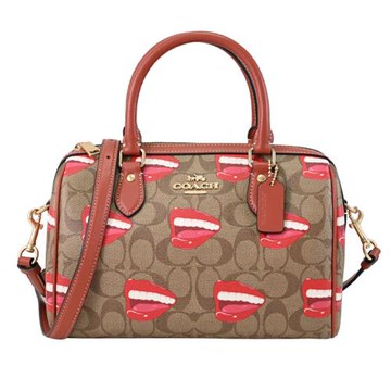 COACH CQ033 藝術家聯名款 紅唇印兩用波士頓包.駝色