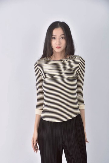 (S) 條紋黃色長袖上衣