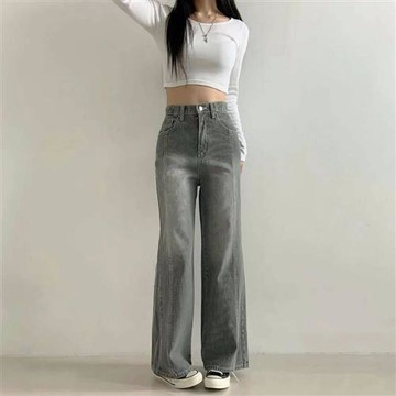 正韓牛仔褲 貓刷牛仔寬管長褲DNY0701-創翊韓都現貨