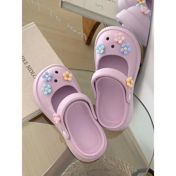 小清新甜美花朵瑪麗珍半拖鞋女夏季防滑外穿踩屎感度假包頭沙灘鞋