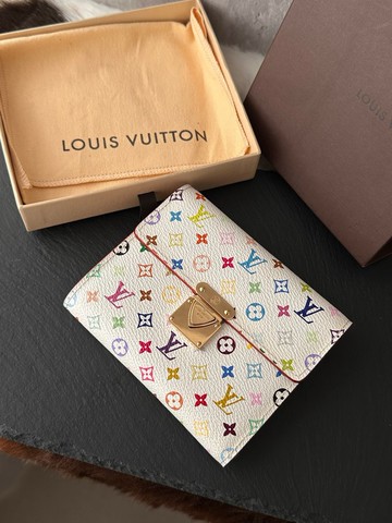 中古品 Louis Vuitton 路易威登 白三彩 Monogram 金扣短銀包