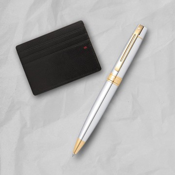 【SHEAFFER】300系列銀桿金夾原子筆+經典卡夾禮盒 免費刻字