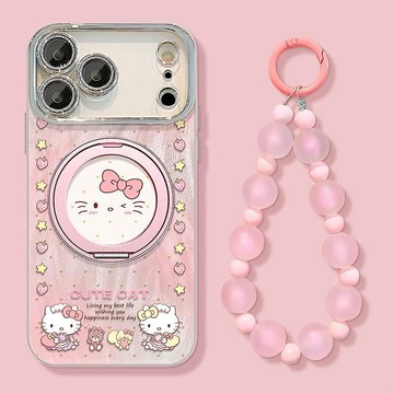 可愛草莓貓咪手鍊適用蘋果17promax手機殼iphone16一體支架15羽紗