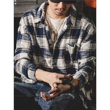 美式復古加厚格子襯衫男長袖寬松潮牌春季日系襯衣男士春秋款外套