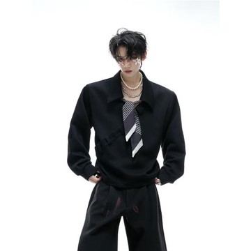 ArguE CulturE歸韻*條紋領巾飄帶拼接V領POLO衫寬松高級長袖衛衣