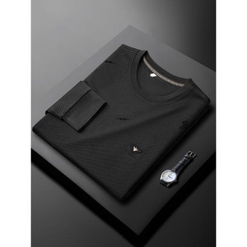 (免運)高端新疆棉黑色長袖t恤衛衣男秋季薄款時尚小標青年休閑圓領上衣