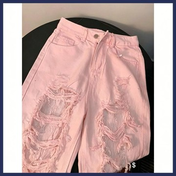 WYZ粉色蕾絲拼接破洞牛仔褲女春秋寬鬆寬褲設計感高腰直筒長褲褲子