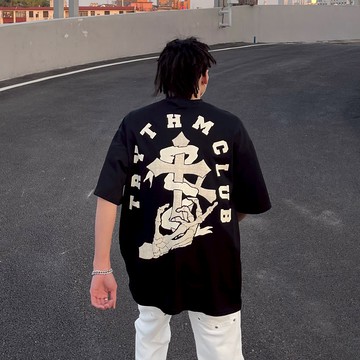 A Knife國潮美式高街暗黑系十字架發泡印花t恤男痞帥潮流寬松短袖