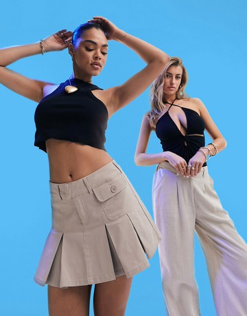 ASOS DESIGN pleated chino mini skirt in stone-Neutral