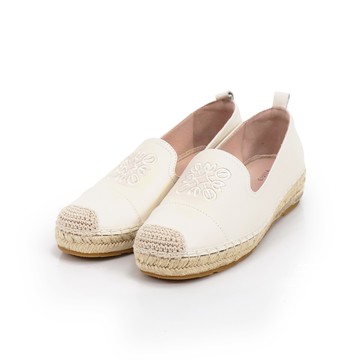 休閒真皮平底草編鞋-米白