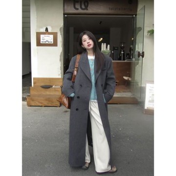 灰色呢子大衣女中長款秋冬高級感2025新款小個子正肩西裝毛呢外套