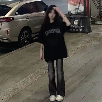 【夏季黑色 學院風 中長款 寬鬆 百搭 潮流 慵懶 上衣 ins短袖 T恤 女 時尚 黑色短袖 學院風上衣 中長款T恤