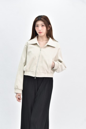 (L) 棉質短版長袖皮質杏色外套