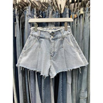 2025夏季新款顯瘦寬松高腰時髦百搭簡約松緊毛邊傘型大碼牛仔短褲