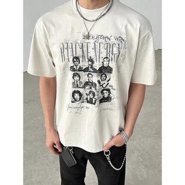 BLAEXIT美式復古cleanfit人像印花短袖T恤男女寬松休閑圓領上衣潮