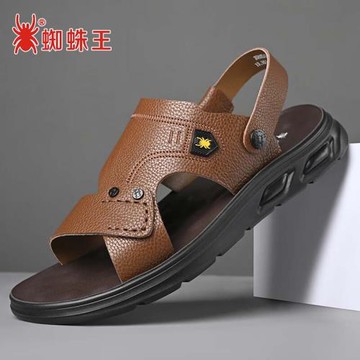 蜘蛛王男鞋夏季新款涼鞋真皮沙灘鞋男士軟底涼拖防滑耐磨兩用拖鞋