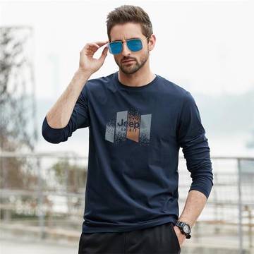 JEEP吉普男裝長袖t恤2022秋冬新款時尚休閑圓領印花打底衫純棉男t