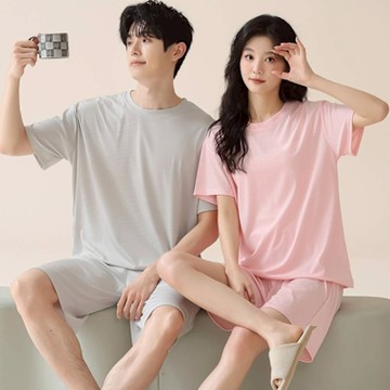 【藍尼居家】現+預 帶胸墊冰絲情侶居家套裝(情侶睡衣/家居服/兩件式)