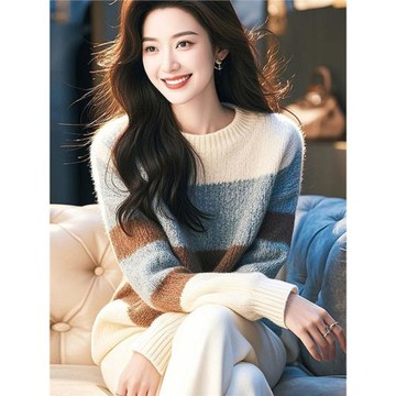 歐貨條紋保暖加厚毛衣女秋冬2025新款甜美軟糯針織衫百搭套頭上衣