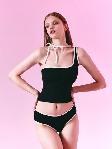 One-Shoulder Contrast Line Innovative Bikini [Black]