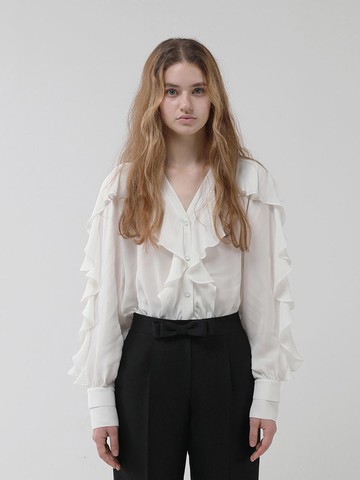 [CAHIERS] V neck ruffle trimming silk blouse_white