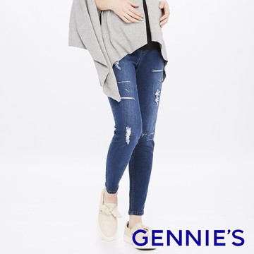Gennies奇妮 個性刷破直筒牛仔長褲(藍T4E21)