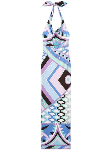 PUCCI - Vivara-print satin halterneck maxi dress - women - Viscose/Elastane - 44 - Blue