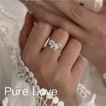 Pure Love樂芙 /正韓 銀飾【S925純銀】R0760簡約通體純銀蕾絲鏤空蝴蝶結可調式開口戒指 / 銀