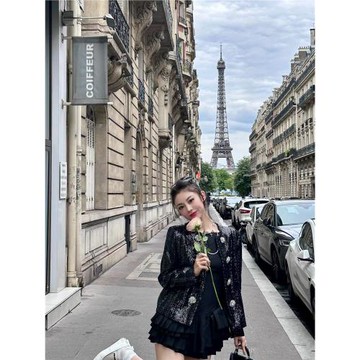 Makayla/25春裝新款巴爾家黑色亮片短款外套顯瘦小香風鉆扣開衫