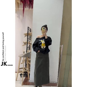 【JK極客】【斜領】曼巴棉300克 百搭款高顏值一字肩不連帽上衣 後包領彩色內外同色印花長袖寬鬆套頭衛衣女