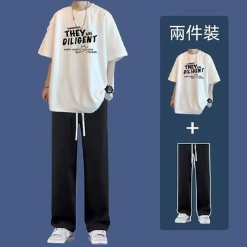 短袖t恤男夏季ins潮牌休閒套裝學生運動薄款兩件套痞帥穿搭一整套