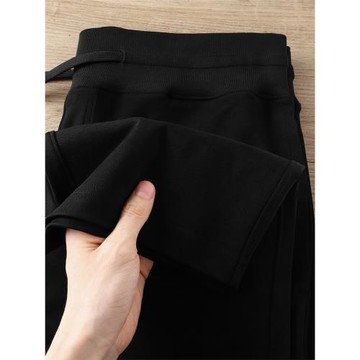 60支絲光長絨棉垂感休閑褲子男 夏季涼感黑色寬松抽繩直筒闊腿褲