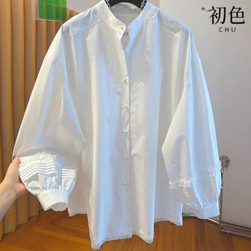 初色 輕奢風純色寬鬆棉質蕾絲花邊燈籠袖珍珠扣襯衫上衣女上衣-白色-19261(M-XL可選)