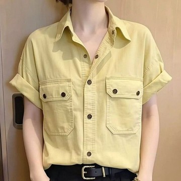 黃色襯衫短袖女士夏季新款時尚減齡寬鬆休閒顯瘦翻領襯衫上衣甜美清新襯衫短袖女 6Y