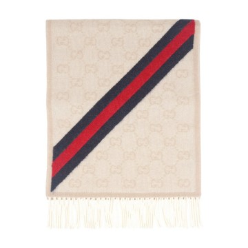 [平輸]GUCCI GG Logo 藍紅斜條紋羊毛圍巾(米色)