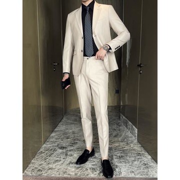 米白色西服男春夏薄款單排兩扣主持人禮服意式商務通勤兩件套裝潮