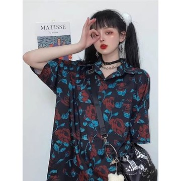 mapogo 韓國ins原宿半袖寬松中長款復古印花襯衫襯衣學生潮男女款