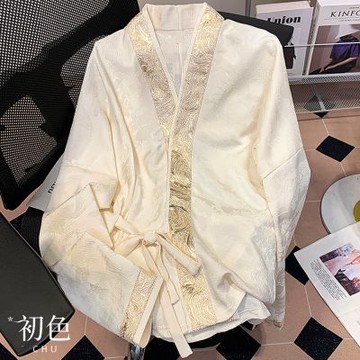 初色 國風復古撞色V領繫帶刺繡長袖長袍上衣女上衣-米色-15072(M-XL可選)