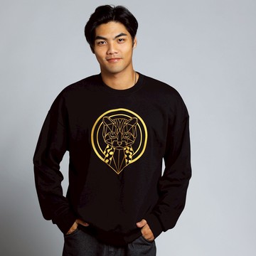 【森林動物系列】幾何石虎刺繡落肩大學T-黑(男女適穿)