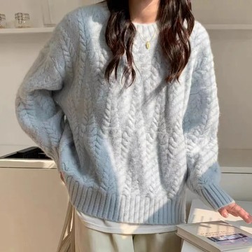 毛衣女  秋冬季新款套頭圓領韓版寬鬆麻花小個子針織上衣初高中生