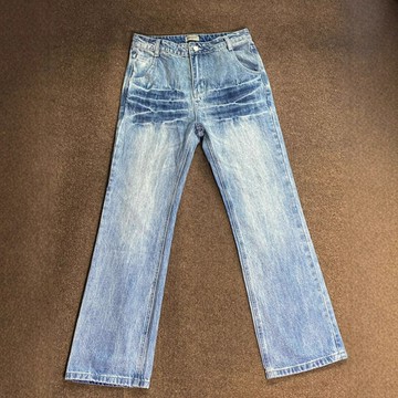 閃電紋牛仔褲男直筒水洗漸變美式高街vibe褲子cleanfit彎刀微喇褲鑫弘-衣錦男裝