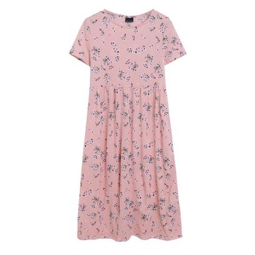 外貿夏季小碎花清新短袖圓領連衣裙女中長款彈力收腰過膝長裙棉質