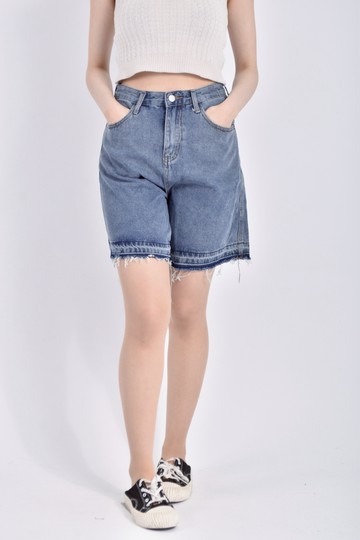 (S) 高腰丹寧牛仔棉質水洗藍色短褲