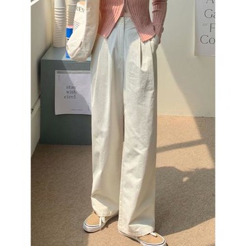 白色日系休閑闊腿工裝褲女夏季直筒長褲薄款西裝褲顯瘦垂感拖地褲